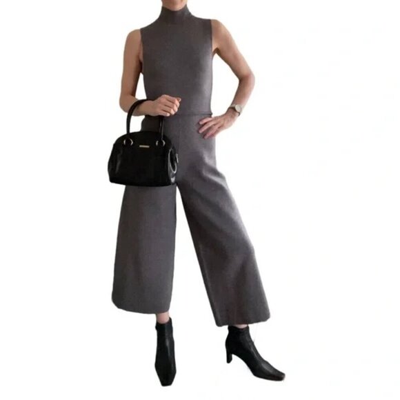 Zara Knit Gray Jumpsuit Wide Leg Mock Crop Neck Business Casual XS - Picture 2 of 13